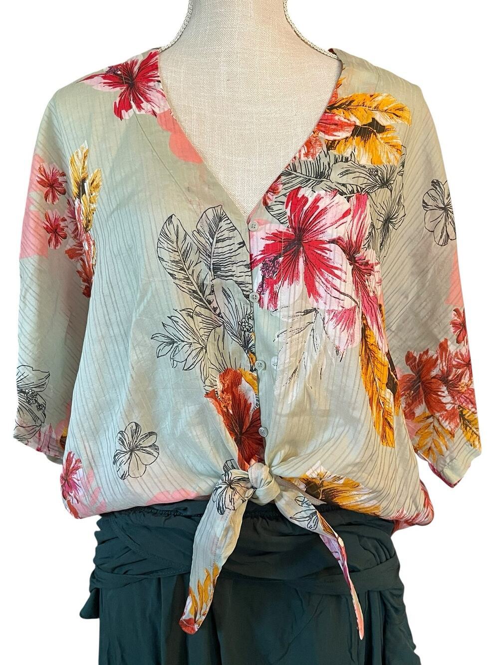 Express Floral Tie-Front Boho Blouse - Coral/Yellow/Green V-Neck Tropical Top